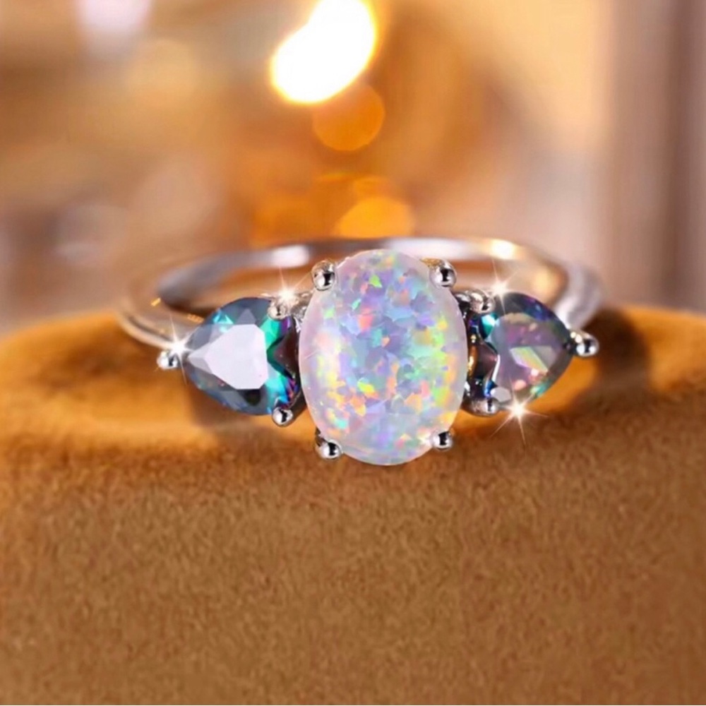 Opal Three-Stone Solitaire Ring - White Opal with Mystic Side Stones